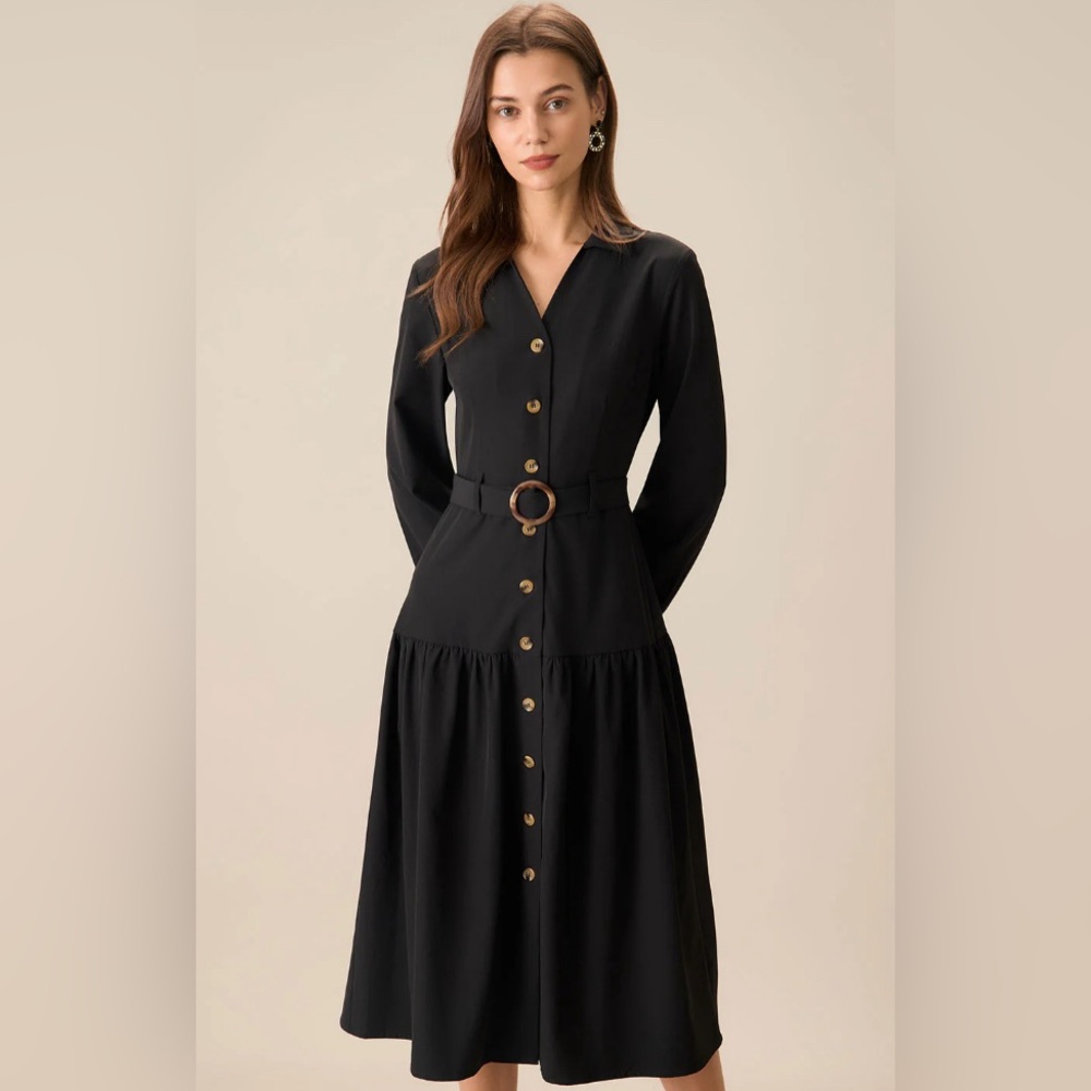 RIHOAS Black Button-Front Midi Dress with Belt